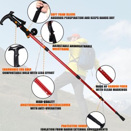 Walking Stick for Hiking, Adjustable Hiking Poles for Men, Women and Kids, Walking Canes for Seniors Balance, Aluminum Trekking Poles Use for Travel, Skiing, Mountaineering (Red)