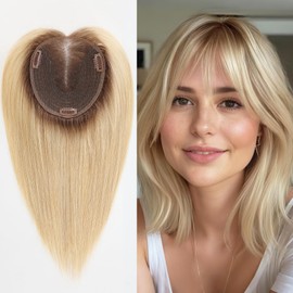 HAIRCUBE Human Hair Toppers For Women 6"*5" Large Base Real Human Hair With Thinning, 14 Inch For Hand-Woven, 60g, Use Daily, Hairloss, Ombre Light Blonde, With Bangs