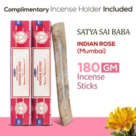 Satya Indian Rose Incense Sticks 180 gm (15GM X 12 Pack) from Satya Sai Baba Nag Champa and Raajsee Incense Sticks Holder Bundle, Free from Chemicals,Natural Insenses