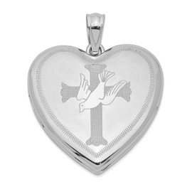Sterling Silver Rhodium-plated Dove with Cross Heart Locket Pendant
