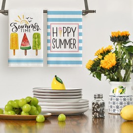 Artoid Mode Blue Stripe Popsicles Fruit Juice Happy Summer Kitchen Towels Dish Towels, 18x26 Inch Farmhouse Decoration Hand Towels Set of 4