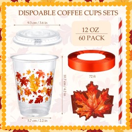 Jingmore 60 Pcs 12 oz Fall Maple Leaves Plastic Cups Bulk with Lids Sleeves and Straws Autumn Thanksgiving Disposable Clear Plastic Cups Party Favor Holiday Birthday Wedding Party Supplies