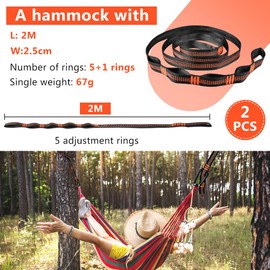 Vicloon 2pcs Hanging Rope, 2M Hammock Swing Straps Polyester String with 2 Black Buckles, 5+1 Ring Adjustable Hammock Straps for Tree Swing Camping Hammock Holds to 1000lbs (Orange)