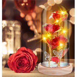 Ewige Rose im Glas - mit LED Licht und Holzsockel, Geschenke für Frauen, Geburtstagsgeschenk für Frauen, Ewige Rose Schmetterling für Freundin Frau Muttertag Weihnachten Valentinstag Jahrestag (Rot)