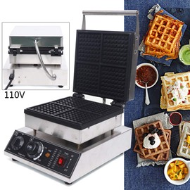 WUSILILU 110V Commercial Waffle Maker 4Pcs Nonstick 1750W Electric Square Waffle Iron Machine Stainless Steel, Cast Aluminum Mould with Teflon Coating, Time & Temp Control, for Bakery, Kiosk, Family