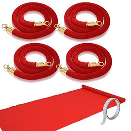Red Carpet Runner 2.6 x 15 ft Red Carpet Aisle Runner Rug with 4 Pieces Red Velvet Stanchion Rope Crowd Control Rope Barrier with Gold Color Plated Hooks, 5 Feet