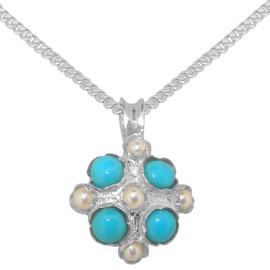 Sterling Silver Cultured Pearl & Turquoise Womens Vintage Pendant & Chain Necklace - Chain length 20