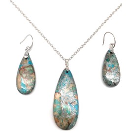 xinpeng Teardrop Sea Sediment Imperial Jasper Natural Stone Gemstone Necklace Pendant & Drop Dangle Hook Earrings Jewelry Set For Women (Blue Sea Sediment Imperial Jasper)
