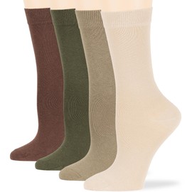 7BIGSTARS KINGDOM Women's Cotton Dress Socks - 4 Pack Large - Solid Casual Crew Calf, Brown, Olive Green, Khaki, Light Beige, Sock Size 10-12 Shoe Size 8-12 L