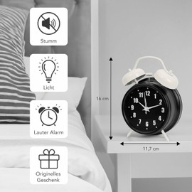 GIFTMARKET - Quiet analogue alarm clock. Double bell alarm clock, black. Double bell alarm clock with night light. Alarm clock without ticking noise. Loud alarm 11.7 cm x 16 cm