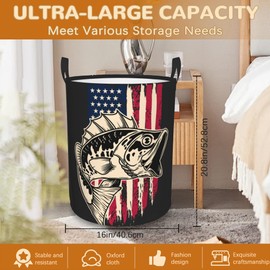 Laundry Basket,American Flag Bass Fish Laundry Hamper Bass Fishing Collapsible Organizer Basket,Toy Storage Bin Room Decor Gift Clothes Baskets,Bedroom Children Nursery Hamper 16x20 Inch