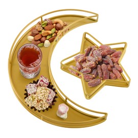 ANPHSIN 2 PCS Ramadan Serving Trays - Metal Moon Star Shaped Eid Mubarak Dishes, Islam Muslim Eid Al-Fitr Iftar Party Crescent Iron Platters Table Decoration Ornament, Food Pastry Dessert Display Holder