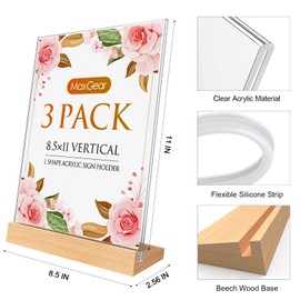 MaxGear Acrylic Sign Holder 8.5x11, Clear Table Display Stand With Wood Base, T Shape Slant Back Sign Frame Plastic Paper Holder Detachable Base Table Menu Flyer Stand for Office Store 3 Pack