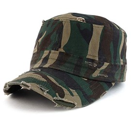Armycrew Military Cadet Style Flat Top Distressed Vintage Cap, Camo, One Size