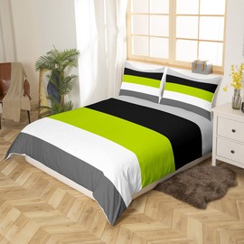 Geometric Duvet Cover Green Black Gray Comforter Cover Single Modern Patchwork Striped Bedding Set For Kids Boys Teen,Geometry Lines Bed Set Rustic Home Room Decor Zipper 2 Pcs