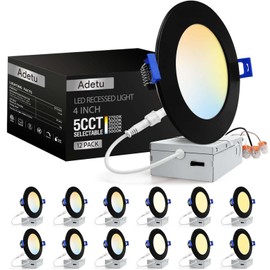 Adetu 12 Pack 4 Inch Black LED Recessed Ceiling Light with Junction Box, 5CCT Ultra-Thin Dimmable Canless Wafer Downlight, 2700K-5000K Selectable, 12W Eqv 110W, 1080LM High Brightness, ETL Certified