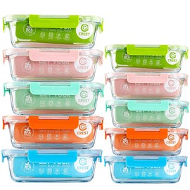 C CREST [10-Pack Glass Food Storage Containers (A Set of Five Colors), Meal Prep Containers with Lids for Kitchen, Home Use - Airtight Glass Lunch Boxes