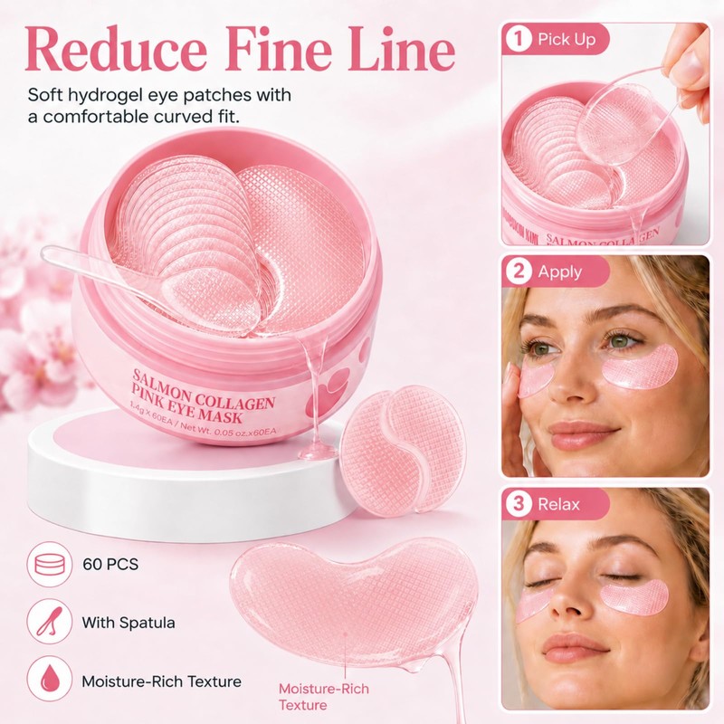 Collagen Eye Patches,Pink Under Eye Mask for Dark Circle, Puffy