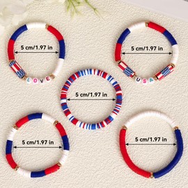 JOLYEAK 5PCS USA Love Bracelets,Red White and Blue Bracelets,4th of July USA Clay Bead Bracelet for Women Men Independence Day Gifts