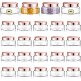 Tessco 24 Pack Plastic Jars with Lids Labels Empty Clear Plastic Jars Round Refillable Cosmetic Containers Body Butter Containers Bulk Sugar Scrub Bottle for Make Up(5 oz,Clear, Rose Gold)