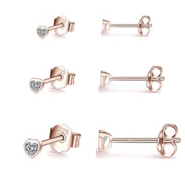 Gulicx 3 Pairs Silver Rose Gold Heart Stud Earrings Set for Women Girls, Hypoallergenic 925 Stering Silver Cubic Zirconia Simulated Diamond Stud Earrings, Small Sleeper Cartilage Studs,Size:3,4.5mm