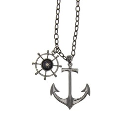 Zac's Alter Ego Gun Metal Anchor & Nautical Wheel with Compass on Adjustable Chain Necklace
