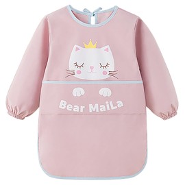 Rumnoke Kids Art Smock Toddler Children Artist Painting Aprons Waterproof Long Sleeves Paint Smocks with Pockets Cat Pink 100 M