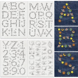 DOODLREAM 60Pcs A-Z Alphabet and Number Galaxy Embroidery Pattern Stabilizer, 21 x 29.7cm Planet Letters Soluble Stick and Stitch Embroidery Sticker, 4 Sheets Water Hand Sewing DIY Embroidery Paper