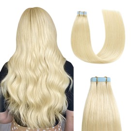 Sunya Tape in Hair Extensions Human Hair Platinum Blonde 18 Inch Straight Seamless Skin Weft Blonde Tape in Hair Extensions #60 50g 20Pcs/Pack
