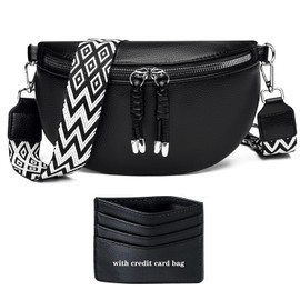 YISUOHOOM Bum Bag Women's Black Stylish Chest Bag Crossbody Bag Women's Wide Strap Vegan Leather Credit Card Pack, Black-v1, Fashion Waist Bags