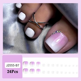 Gradient Purple White Press on Toenails with Rhinestones Short Square Fake Toe Nails Summer Toe Nails Press ons for Toes Cute Toenail Press on Nails Acrylic Fake Toenails for Women 24Pcs
