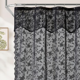 HLC.ME Harper Lace Shower Curtain for Bathroom with Floral Vine Design and Attached Valance – Elegant Victorian Classic Style (Black, 72 x 72 Inch)