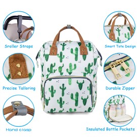Atsabdas Cactus Print Diaper Bag Backpack for Mom Dad, Maternity Changing Bag Diaper Backpack with Stroller Straps (Cactus)