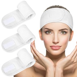 3 diademas faciales de spa de color blanco con tejido de rizo y gofres, ajustables para maquillaje, para baño, deportes, lavado de cara y ducha