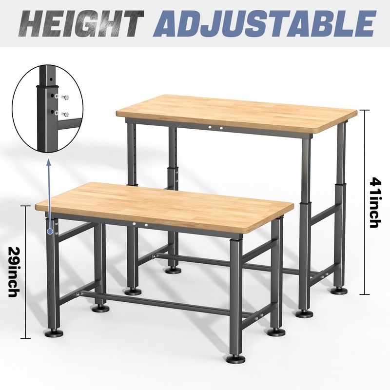 WALMANN Heavy Duty Adjustable Height Workbench 47.75" x 23.25", Rubber