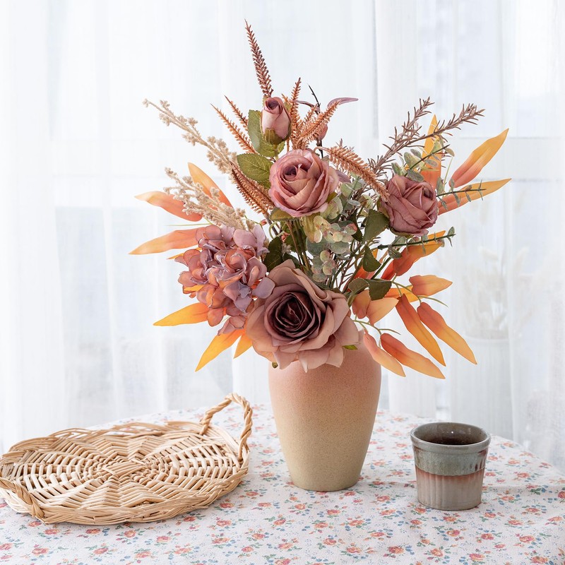 Yorkmills Artificial Roses with Vase, Silk Fake Hydrangea, Autumn Flowers