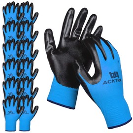 ACKTRA Nitrile Coated Safety WORK GLOVES 12 Pairs, WG003 Blue/Black, Large