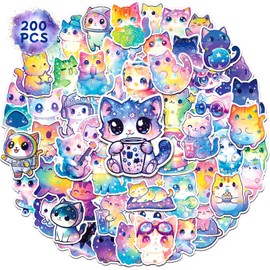 SigyoJeom 200PCS Starry Sky Cat Stickers, Holographic Stickers for Kids