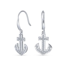 Summer Fun Nautical Tropical Vacation Memento Boat Anchor Dangle Earrings, Pave Cubic Zirconia CZ Accents, .925 Sterling Silver for Women and Teens