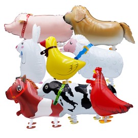 8-Pack Walking Farm Animal Balloons | Farm Theme Party Decorations for Kids' Birthdays, BBQs & Farmhouse Events | Reusable Foil Balloons with Ribbon