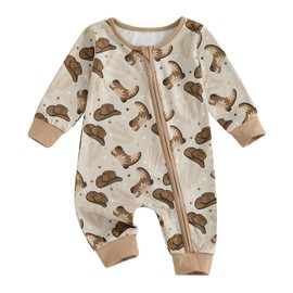 Western Baby Boy Clothes Fall Zipped Cowboy Romper Outfit Infant Cow Print One-piece Jumpsuit Overall Country Stuff (Apricot Brown, 3-6 Months)
