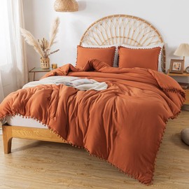 TanNicoor Terracotta Comforter Set Twin,2pcs (1 Pom Pom Fringe Comforter+1 Pillowcase),Vintage Ultra Soft Microfiber Burnt Orange Comforter Set,Luxurious Boho Aesthetic Rust Bedding Sets