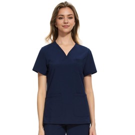COZYFIT Medical Scrub Tops for Women - Soft Stretch,Curved V-Neck Scrub Tops with 3 Pockets,Navy Blue,L