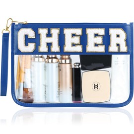 BuyCard Cheer Chenille Letter Bags Clear Makeup Bag, Cheerleader Gifts Cosmetic Bag, Varsity Preppy Patch Flat Pouch Cheer Accessories, Waterproof PVC Organizer Toiletry Bag for Women Girls Navy Blue