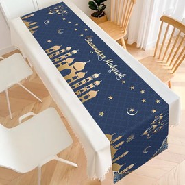 Ramadan Eid Mubarak Table Runner, Blue Gold Ramadan Mubarak Star Moon Table Linen, Linen Ramadan Mosque Table Decorations, Happy Ramadan Mubarak Tablecloth Decoration for Islamic Holidays