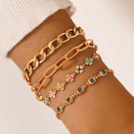 Gold Boho Bracelets for Women Girls Dainty Paperclip Chain Bracelets Multi Layer Beads Flower Cuff Bracelets Twist Snake Leaf Bangle Bracelets Set (Style B)