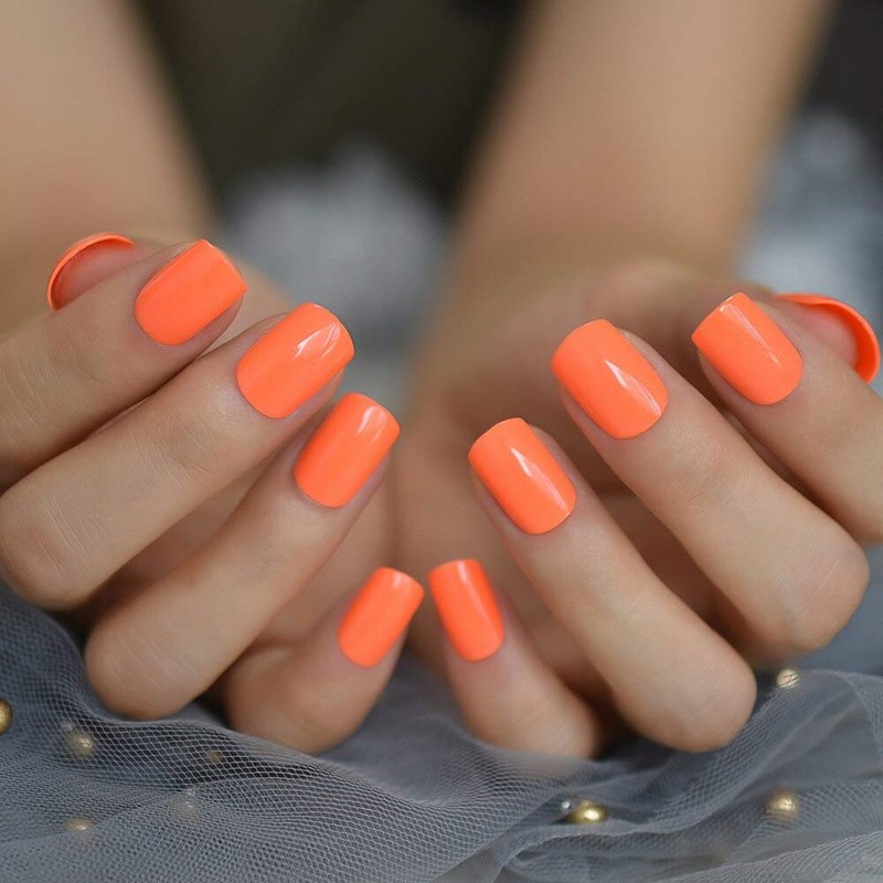 EchiQ Neon Fake Nails Short for Daily Wear Square Natural