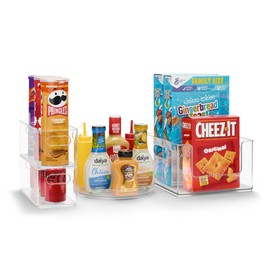 Sorbus Pantry Organizers and Storage Set (Set of 4) 1 Large Stackable Storage Bin Open Front 2 Narrow Stackable Storage Bins 1 Lazy Susan Organizer for Fridge, Clear Pantry Storage Bins