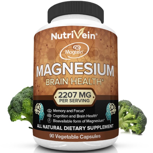 Nutrivein Magnesium L-Threonate (Magtein) 2207mg - Boosts Brain Health, Memory & Focus, Sleep & Recovery, Reduces Fatigue - 30 Day Supply (90 Capsules, Three Daily)