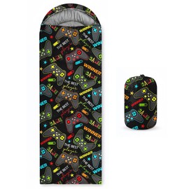 WeCozy Black Gaming Sleeping Bag for Kids, 3 Season Lightweight Waterproof Sleeping Bag for Boys with Compression Sack for Camping in Warm Cold Weather, Indoor Use and Backpacking